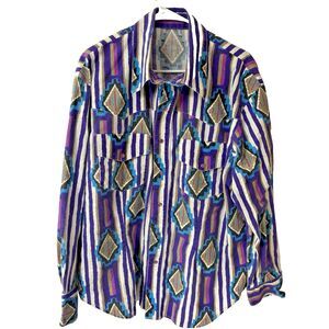 90s Vintage Mens Western Pearl Snap Button Up Purple Size XL Colorful Geometric